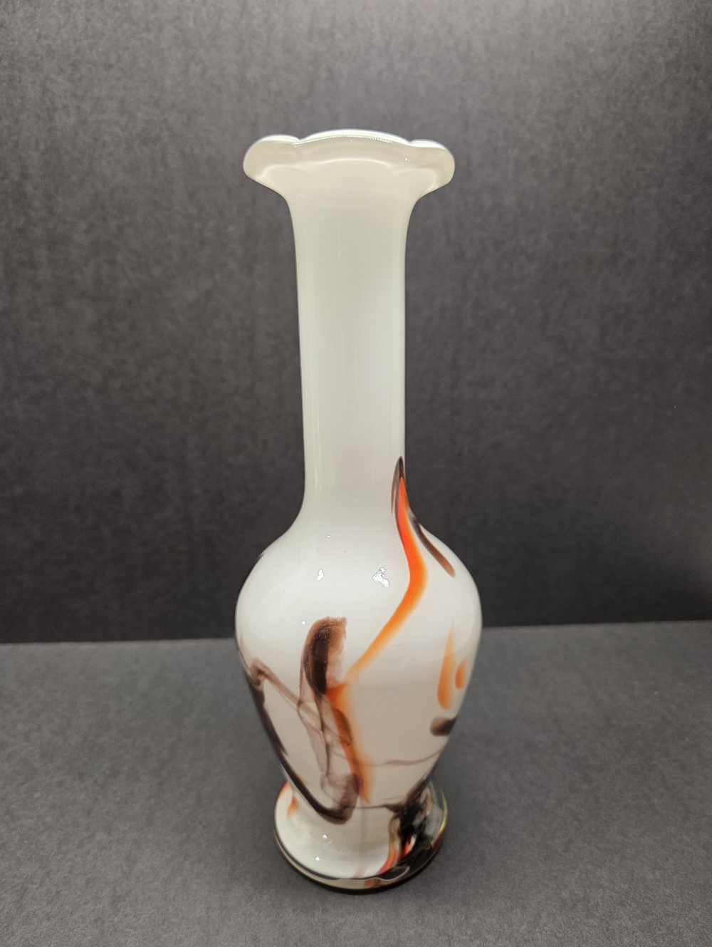 Chinese Vintage Dalian Glass Lotus Flower Vase Abstract Orange Brown Swirl